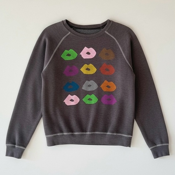 Junk Food Clothing Tops - Junk Food Gray Multicolor Lips Graphic Pullover Sweatshirt Womens XS